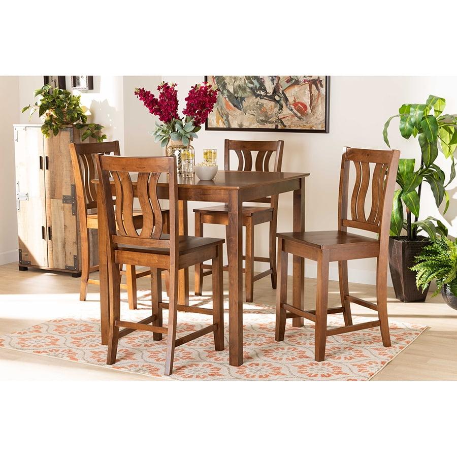 Walnut Brown 5-Piece Wood Pub Set with Geometric Cut Out Chairs