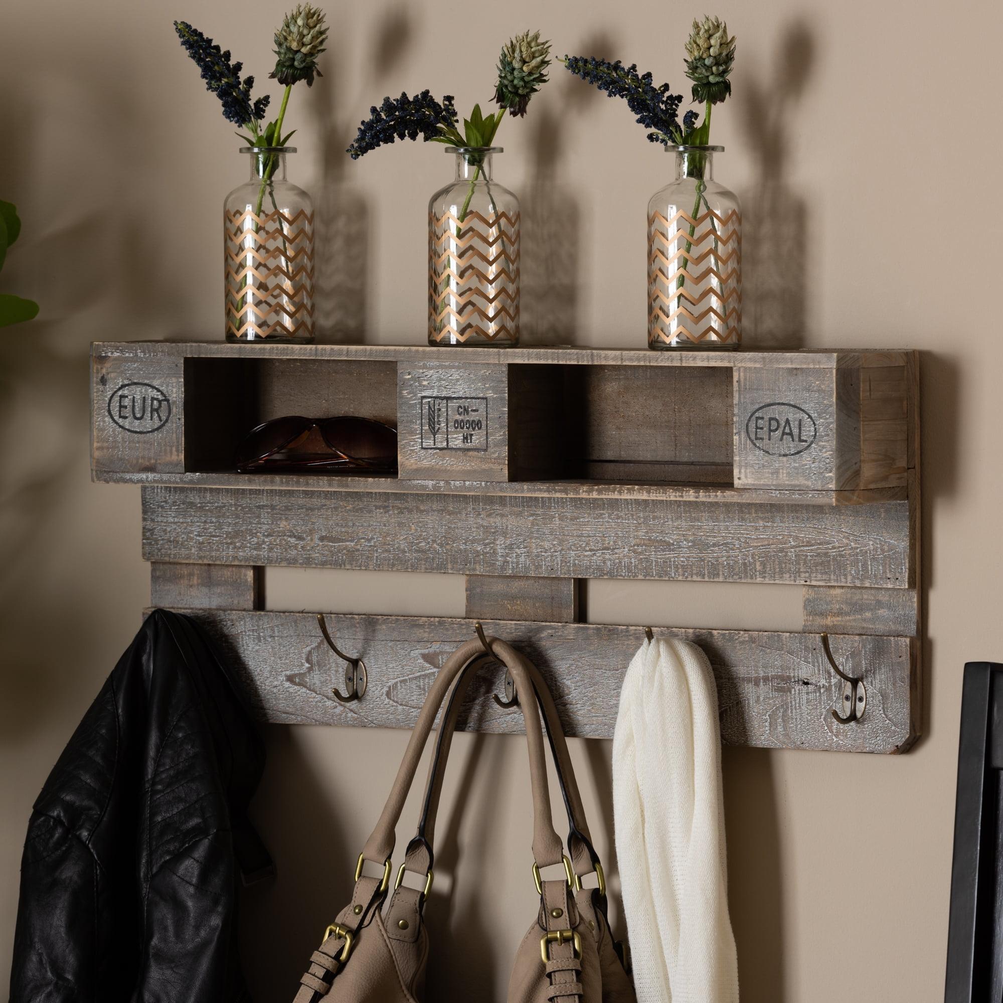 Baxton Studio Ferguson Vintage Rustic Whitewashed Oak Finished Wood Wall Mounted Coat Rack with Shelves Oak: Metal Accents, No Assembly Required