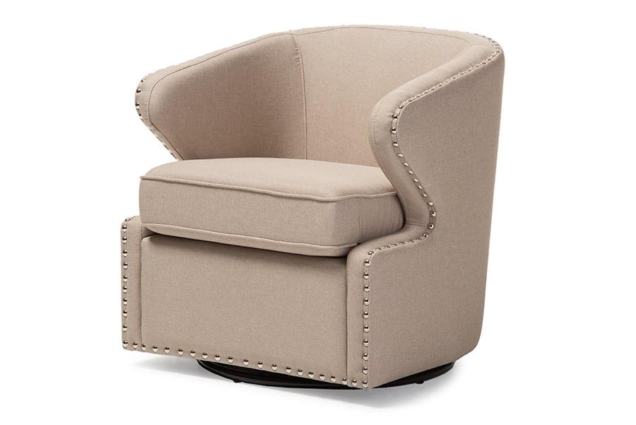 Finley Mid-Century Modern Swivel Armchair: Angular, Edge Piping, Nailhead Trim - Baxton Studio