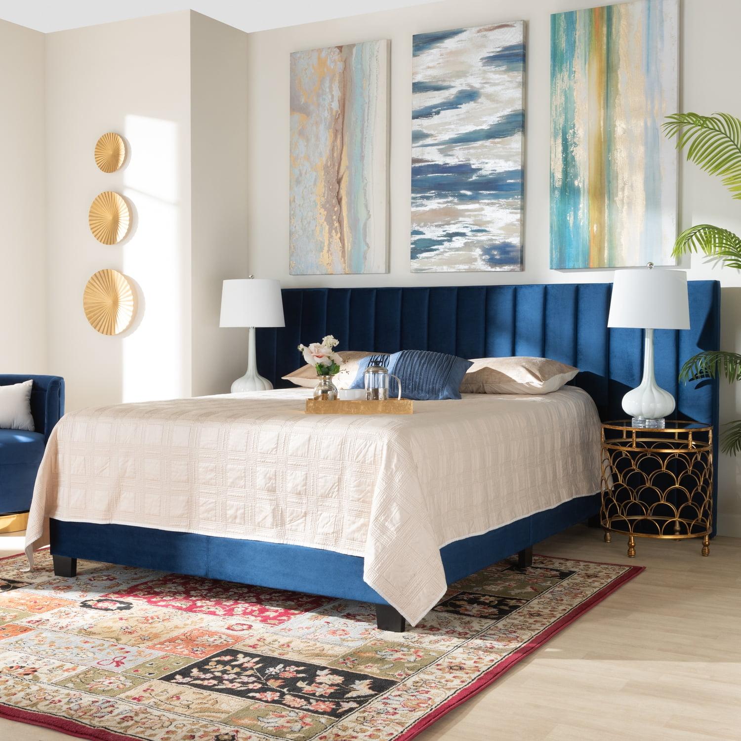 Fiorenza Velvet Panel Bed with Extra Wide Channel Tufted Headboard - Baxton Studio