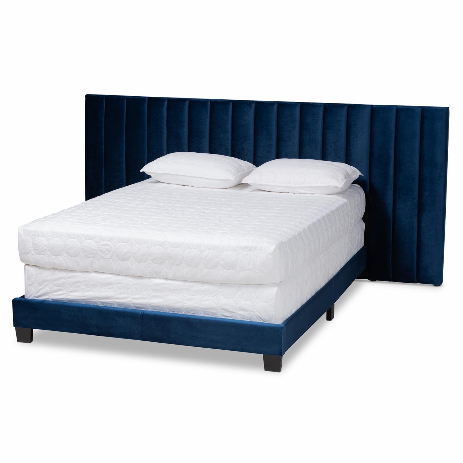 Elegant Navy Blue Velvet Queen Bed with Extended Tufted Headboard