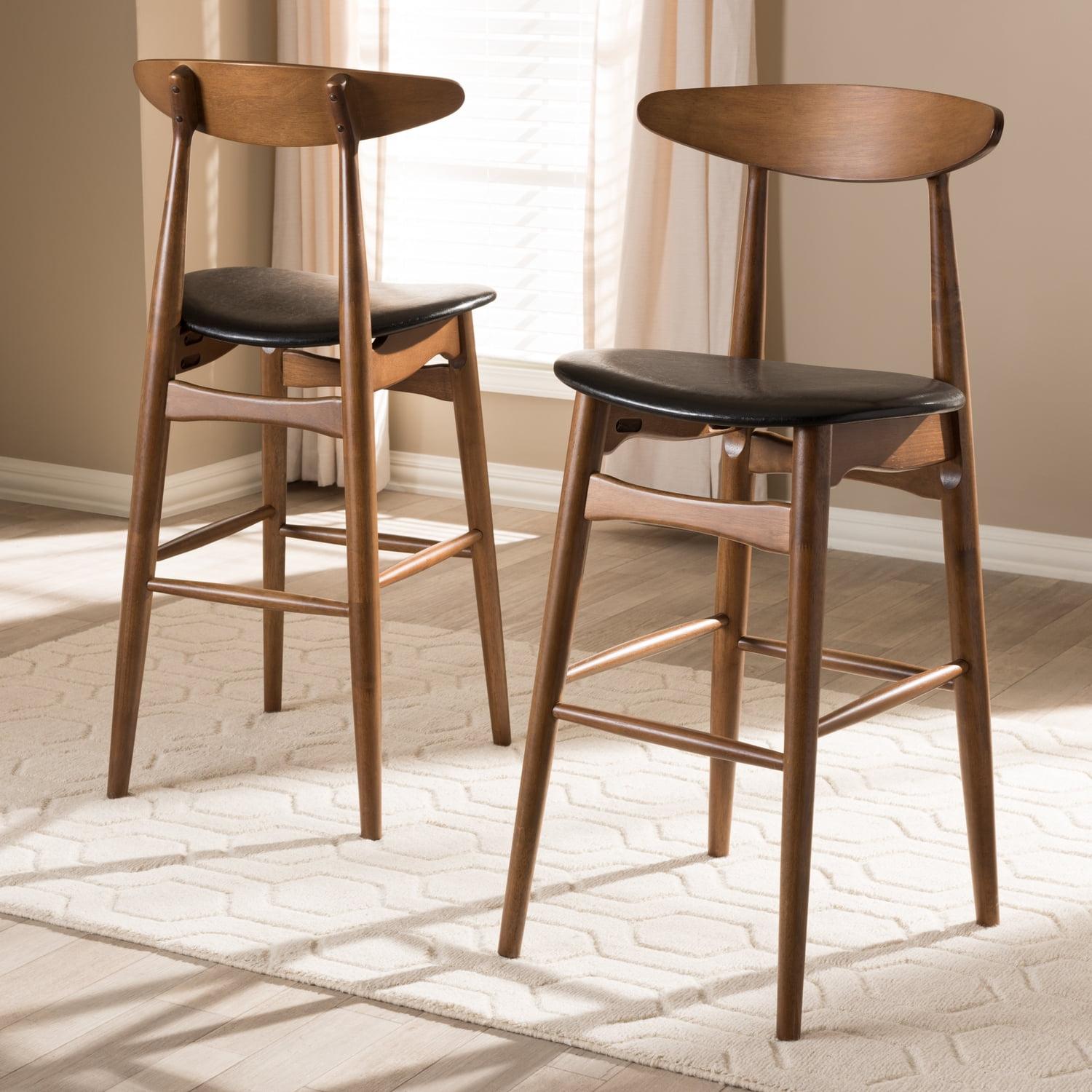 Set of 2 Walnut & Black Leather Mid-Century Barstools