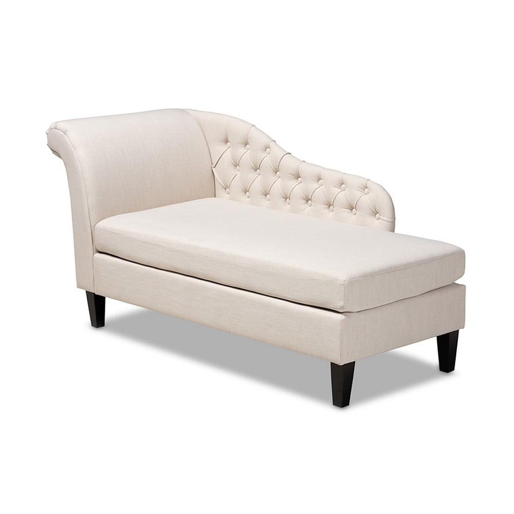 Victorian-Inspired Beige Upholstered Wood Chaise with Button Tufting