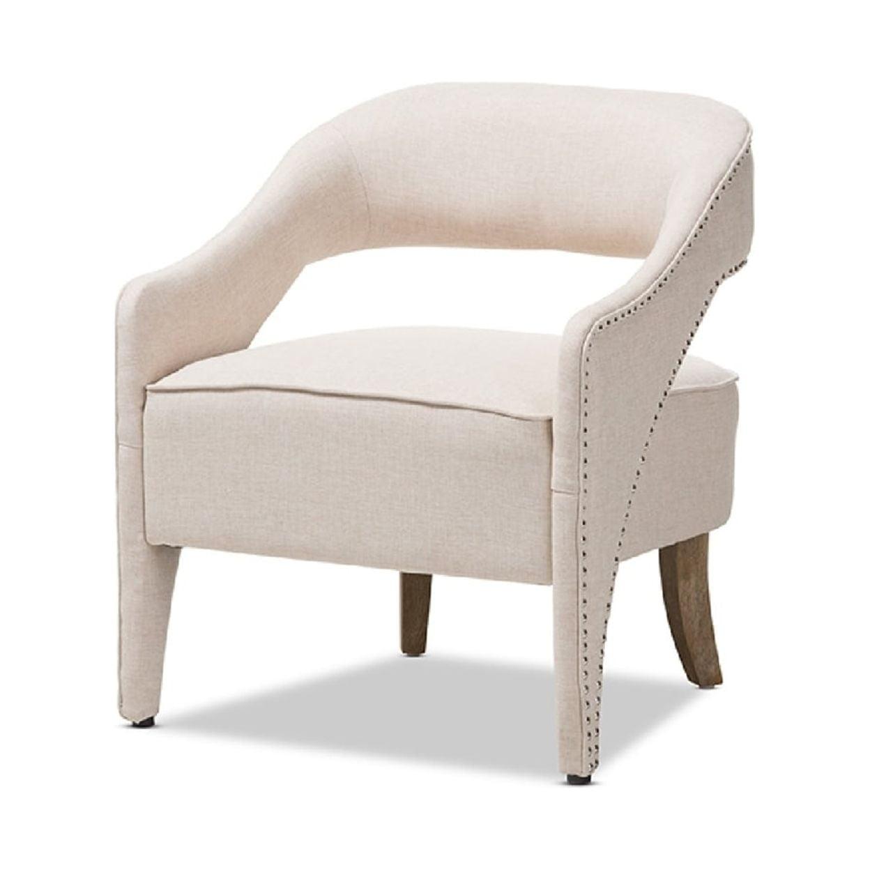 Beige Upholstered Accent Chair with Oak Legs and Nailhead Trim