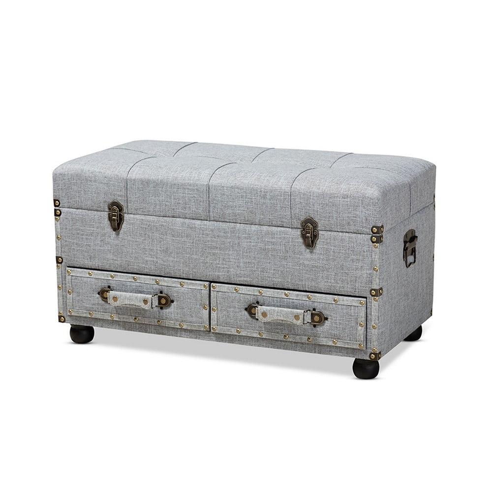 Grey Linen 32" Tufted Storage Ottoman with Antique Brass Accents