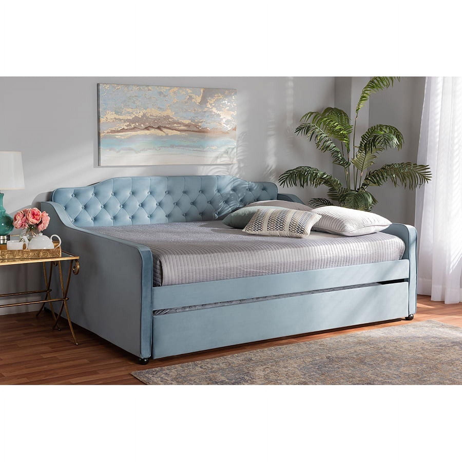 Light Blue Velvet Upholstered Tufted Full Daybed with Trundle