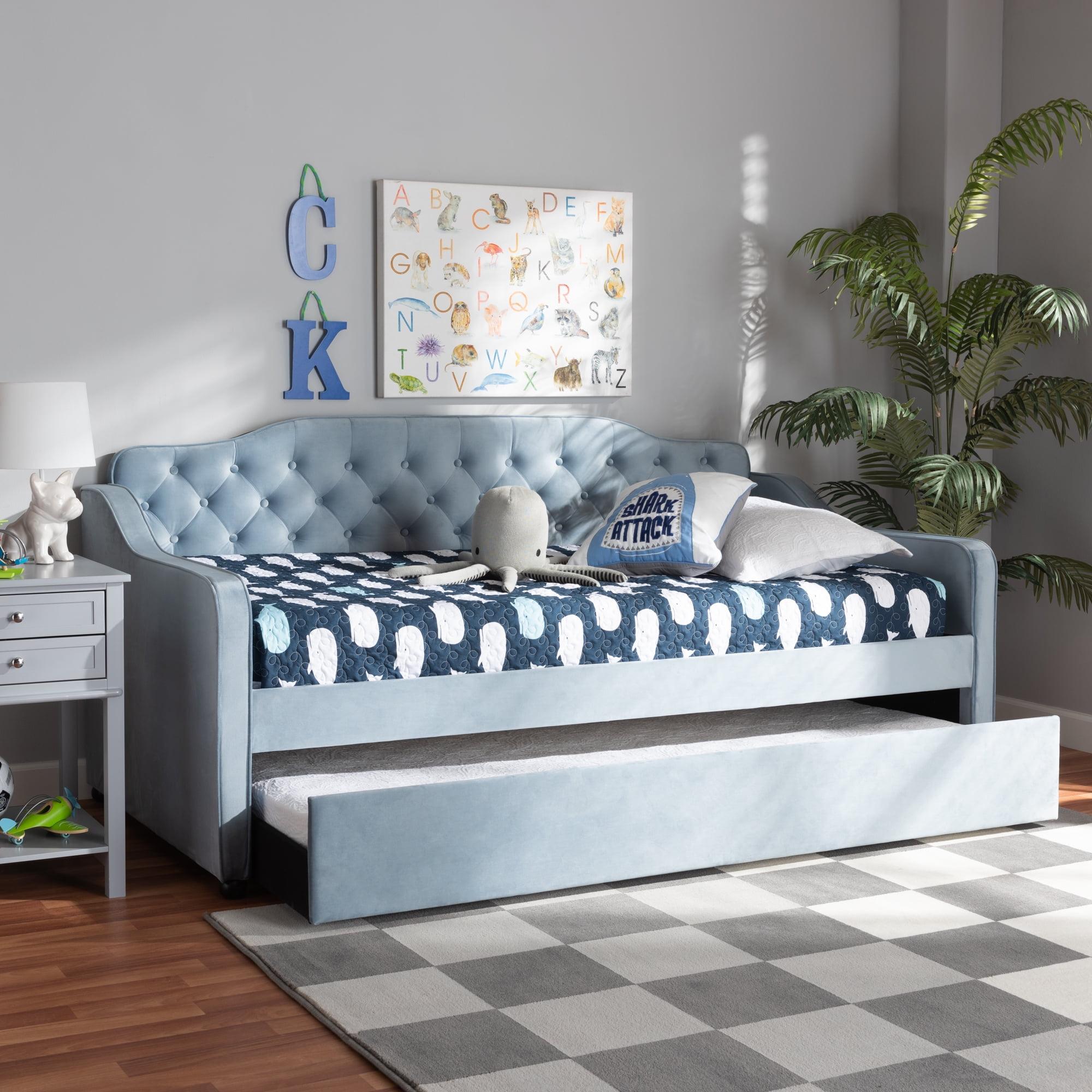 Twin Freda Velvet Tufted Daybed with Trundle Light Blue - Baxton Studio: Upholstered, Mid-Century Modern, No Box Spring Required