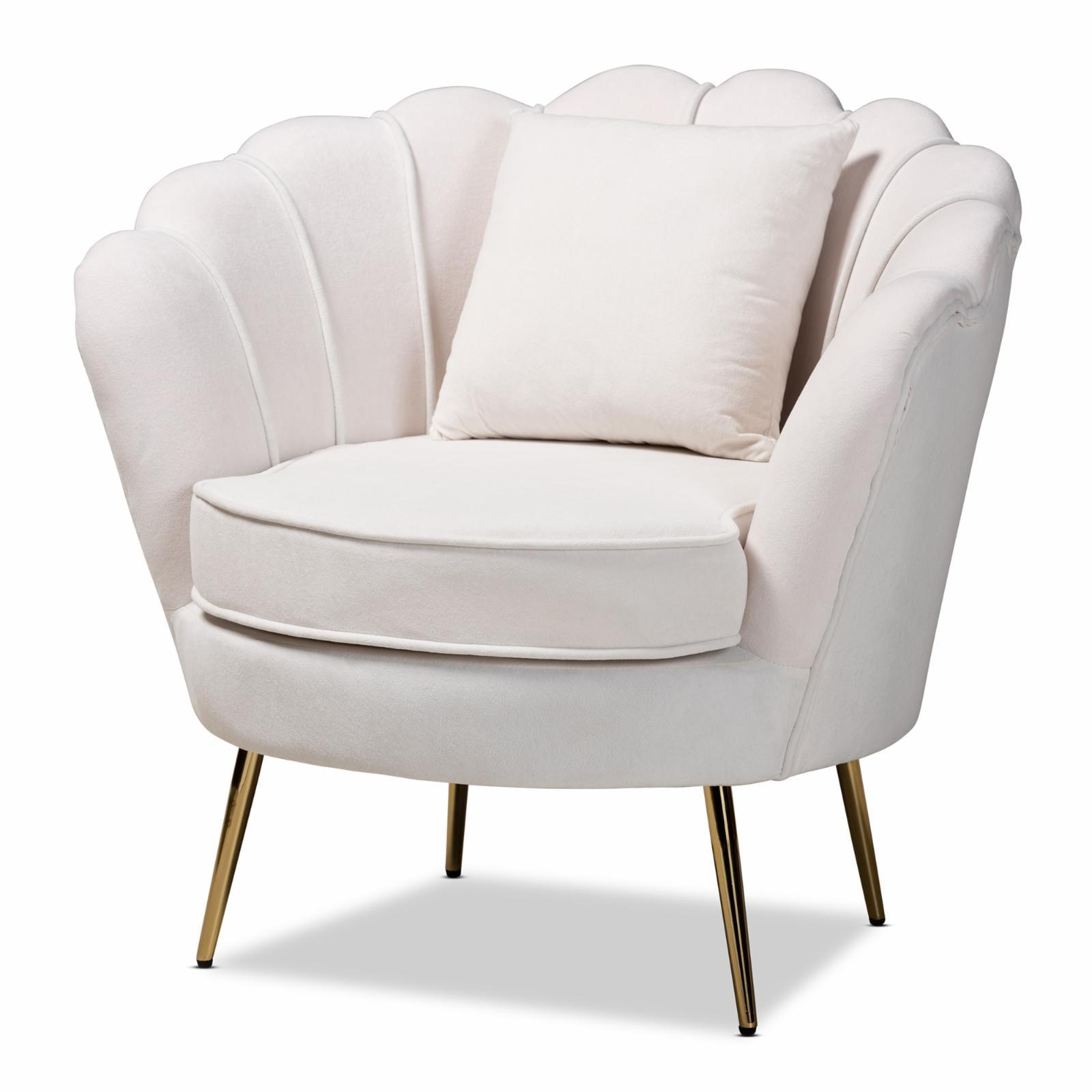 Beige Velvet Barrel Accent Chair with Gold Metal Legs