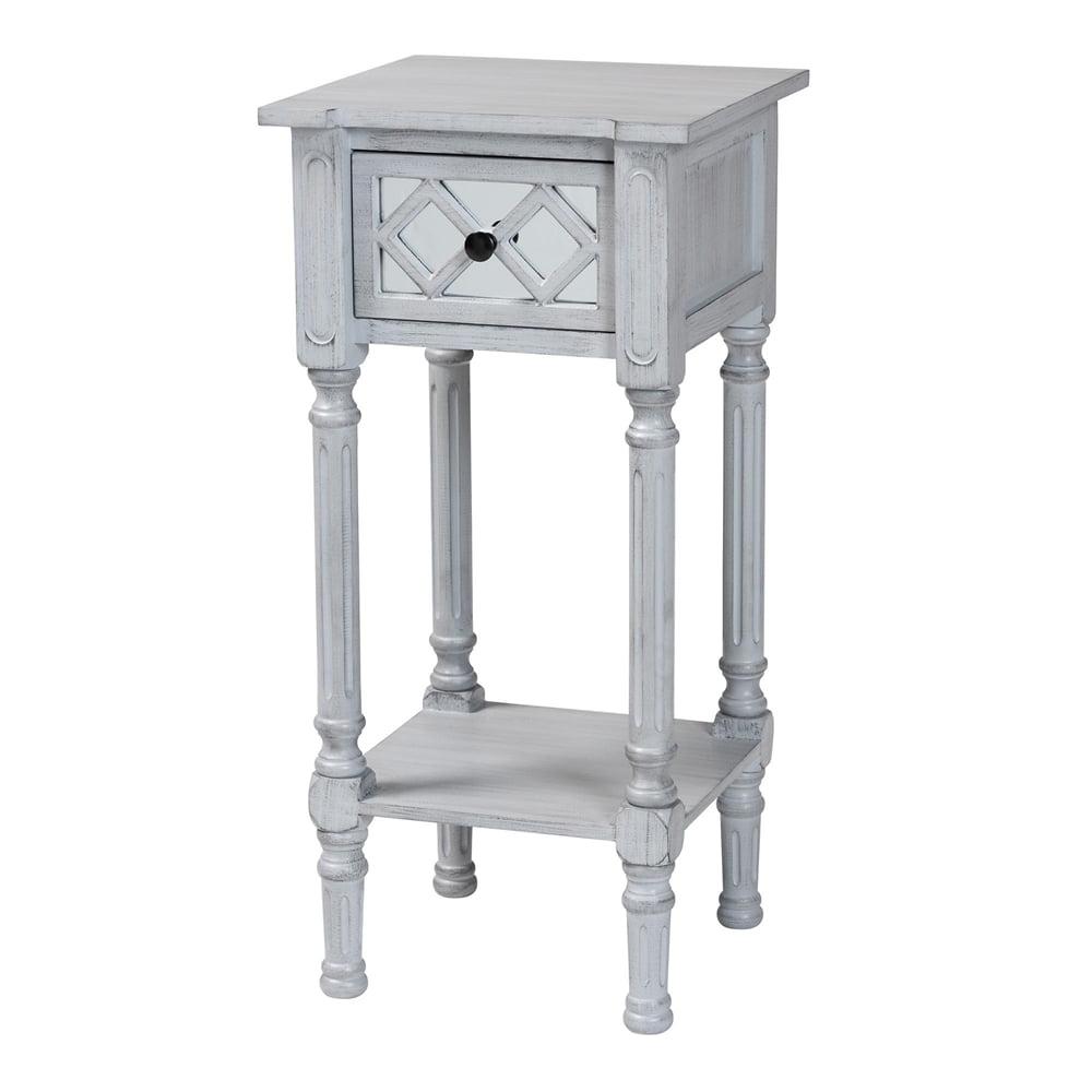 Gray Wood Accent Table with Mirrored Drawer and Storage Shelf