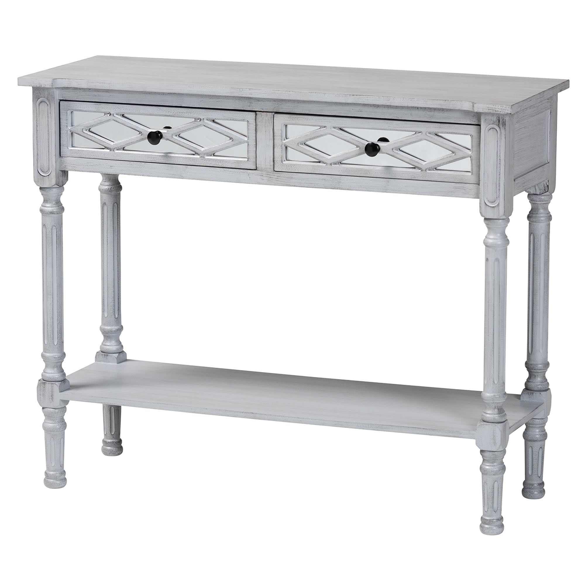 Gray Wood and Mirrored Glass 2-Drawer Console Table with Storage Shelf