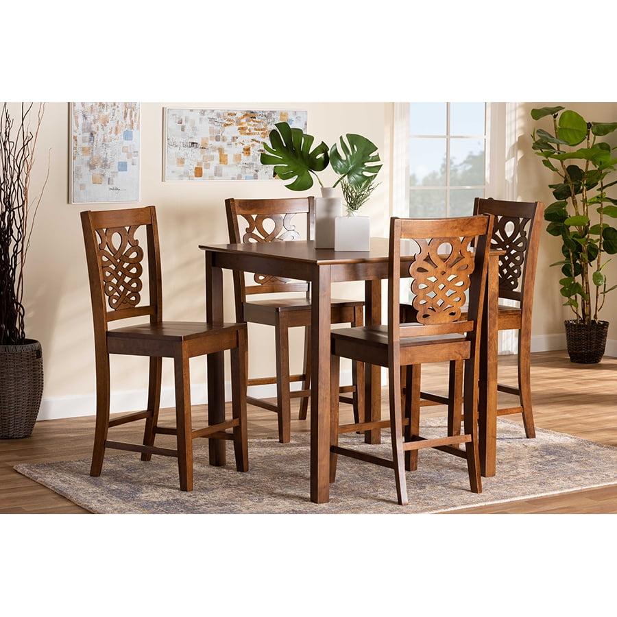 Gervais Warm Walnut 5-Piece Modern Pub Set with Geometric Backrests