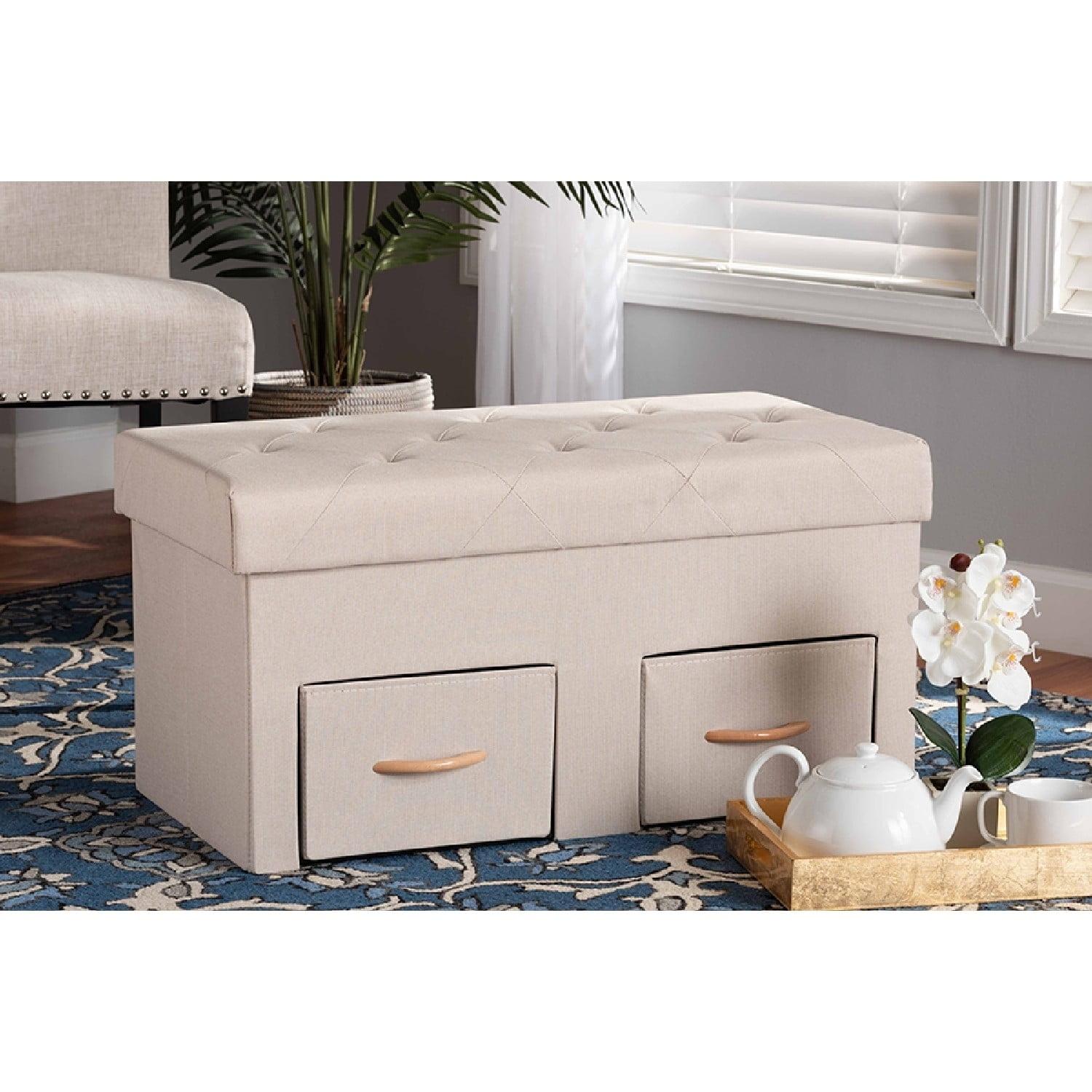 Beige Fabric Upholstered 2-Drawer Storage Ottoman with Oak Finish