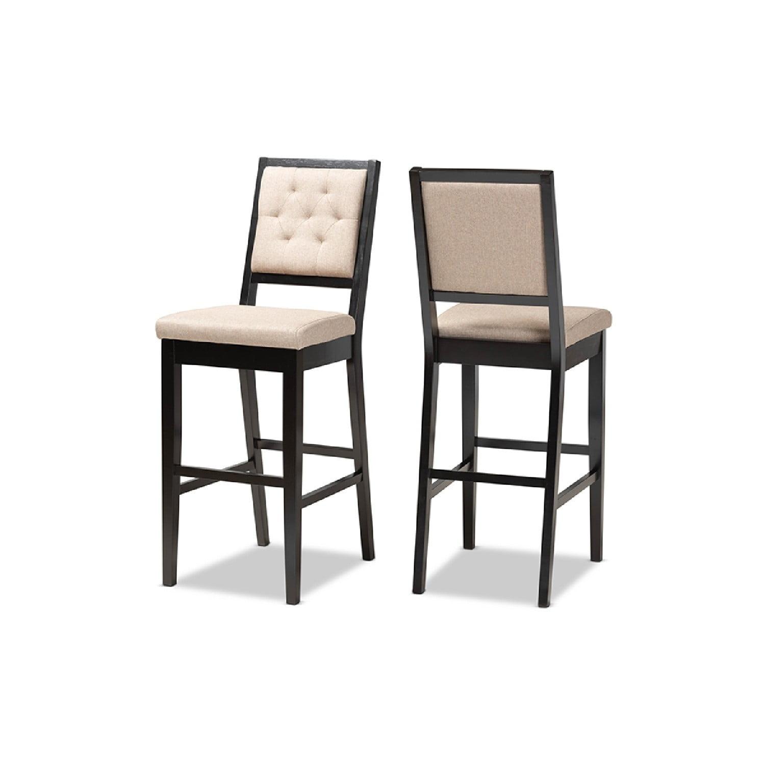 Elegant Sand Fabric & Dark Brown Wood Barstool Set, 2-Piece