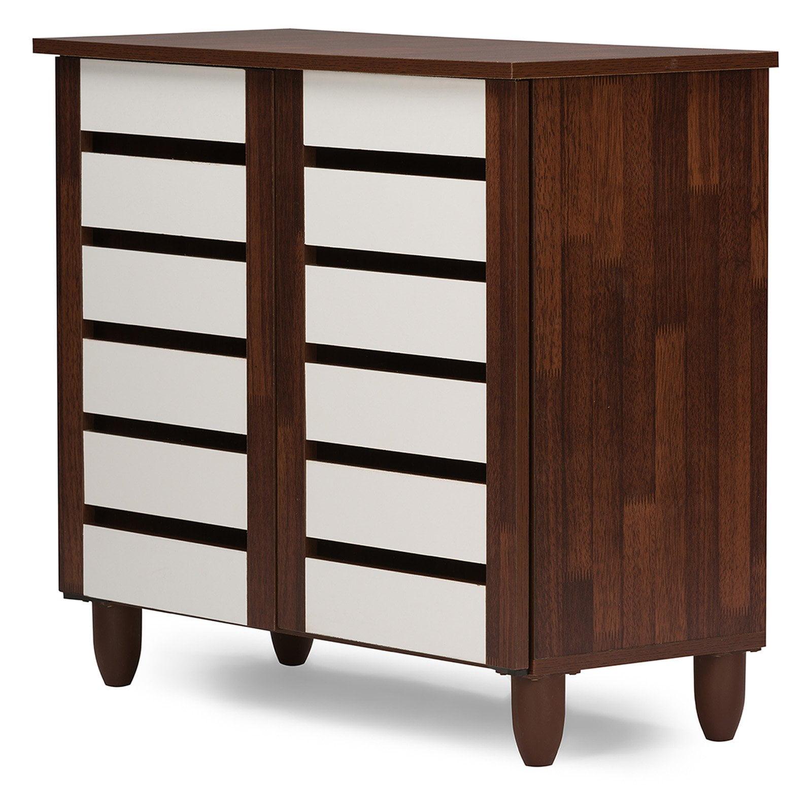 Gisela Two-Tone Shoe Cabinet with 2 Doors Oak/White - Baxton Studio: Modern Design, 3 Shelves, Vinyl Legs