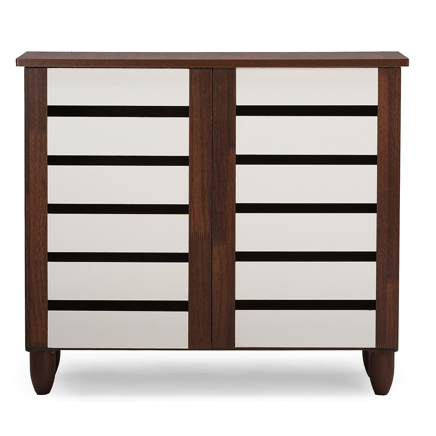 Gisela Two-Tone Shoe Cabinet with 2 Doors Oak/White - Baxton Studio: Modern Design, 3 Shelves, Vinyl Legs