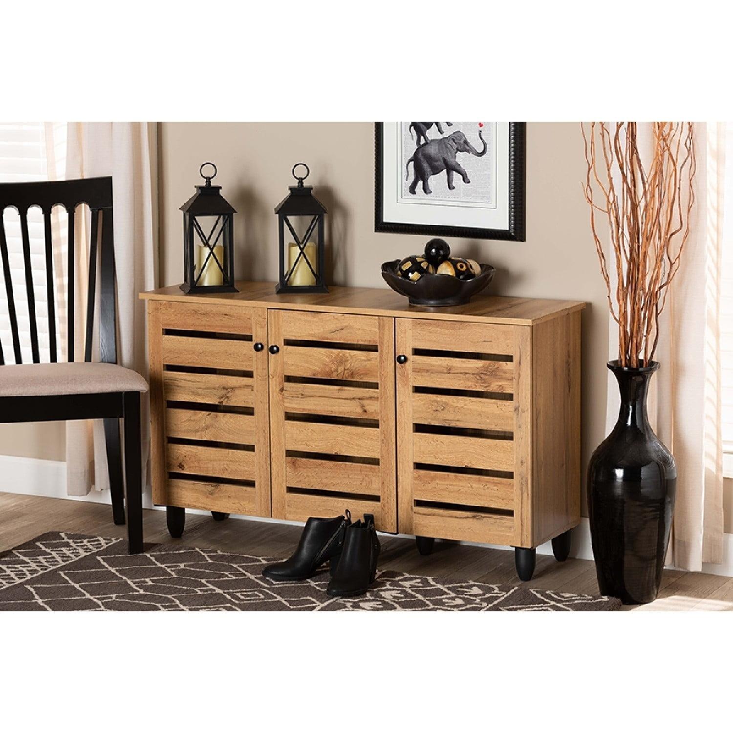 Gisela Wood 3 Door Cabinet Oak Brown/Black - Baxton Studio: Nautical Style, 6 Fixed Shelves, Wood Frame