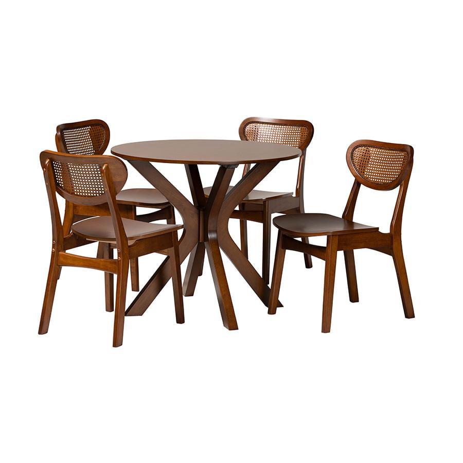Baxton Studio Giuliana Mid-Century Modern Walnut Brown Finished Wood and Woven Rattan 5-Piece Dining Set