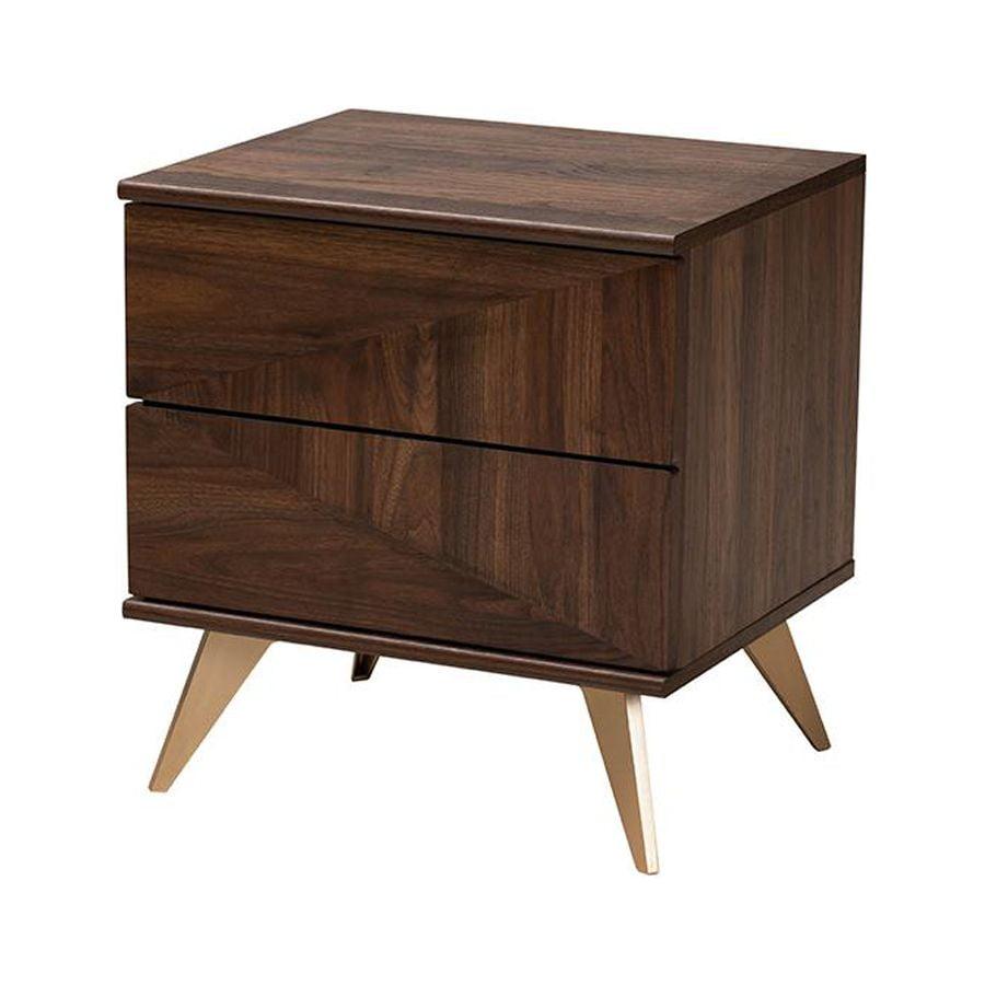 Graceland Walnut Brown 2-Drawer Nightstand with Gold Cone Legs