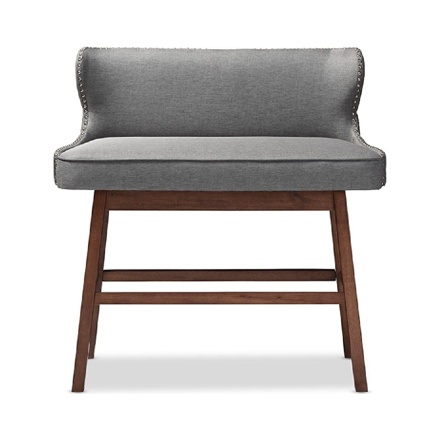 Gray Fabric Button-Tufted Bar Bench with Walnut Legs