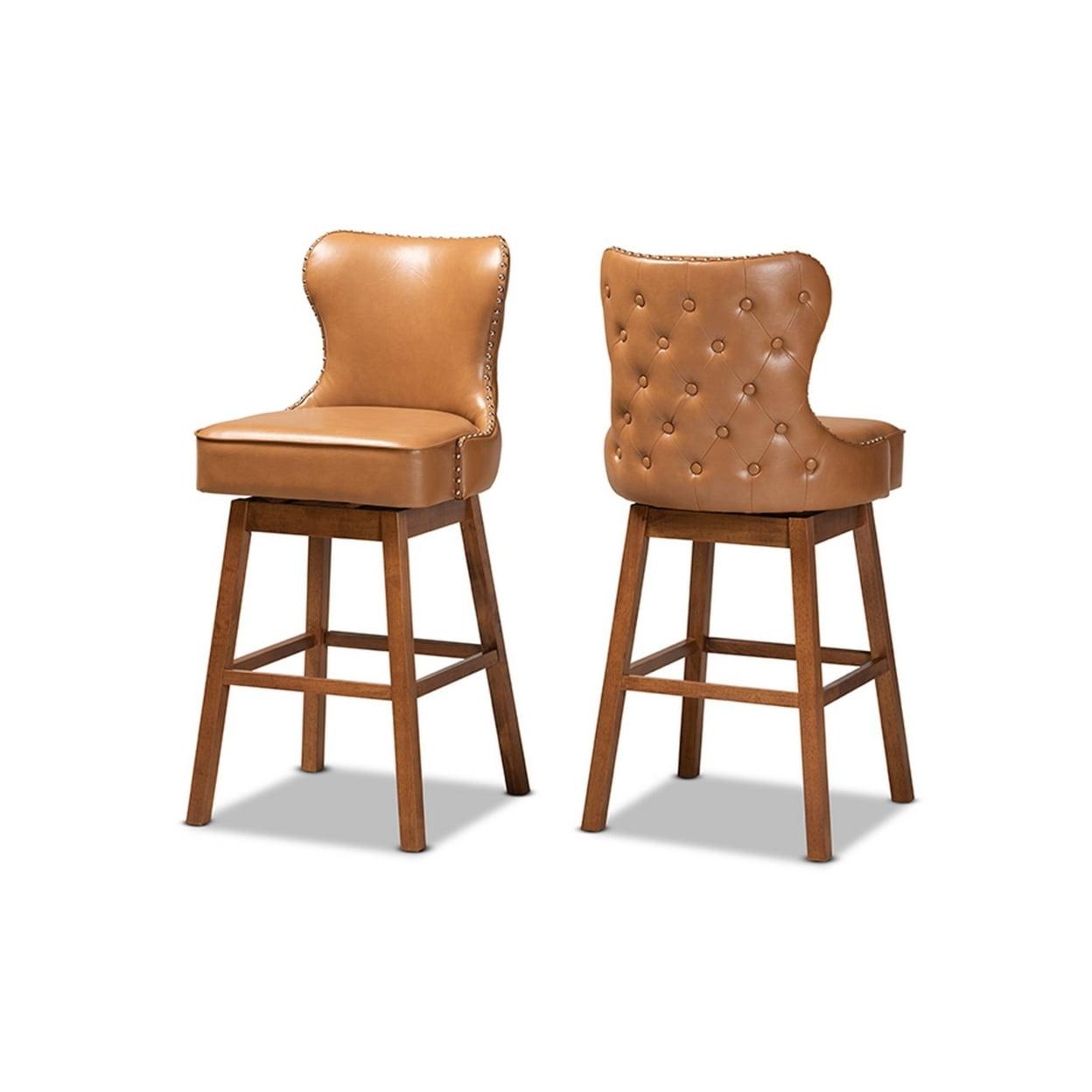 2pc Gradisca Tan Wood Swivel Barstool Set Brown - Baxton Studio: Upholstered, Nailhead Trim, Rectangle Shape