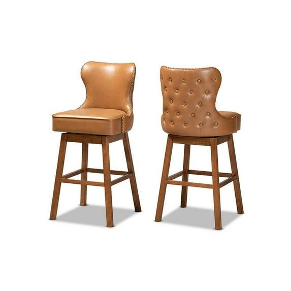 2pc Gradisca Tan Wood Swivel Barstool Set Brown - Baxton Studio: Upholstered, Nailhead Trim, Rectangle Shape