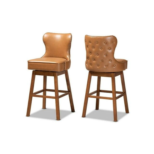2pc Gradisca Tan Wood Swivel Barstool Set Brown - Baxton Studio: Upholstered, Nailhead Trim, Rectangle Shape