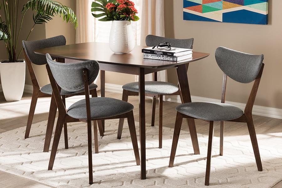 5pc Hadrea Mid Century Modern Walnut Finished Fabric Upholstered Dining Set Dark Gray - Baxton Studio