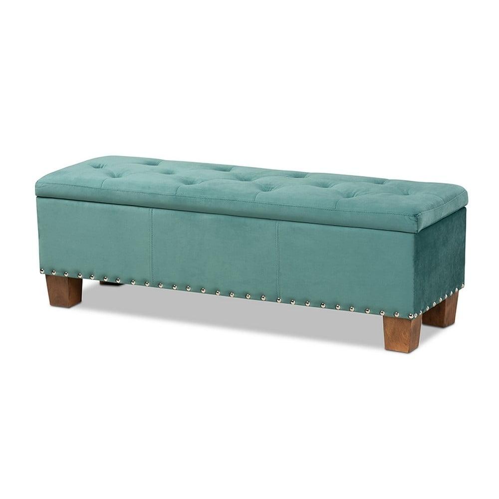 Teal Velvet Tufted Storage Bench with Walnut Legs