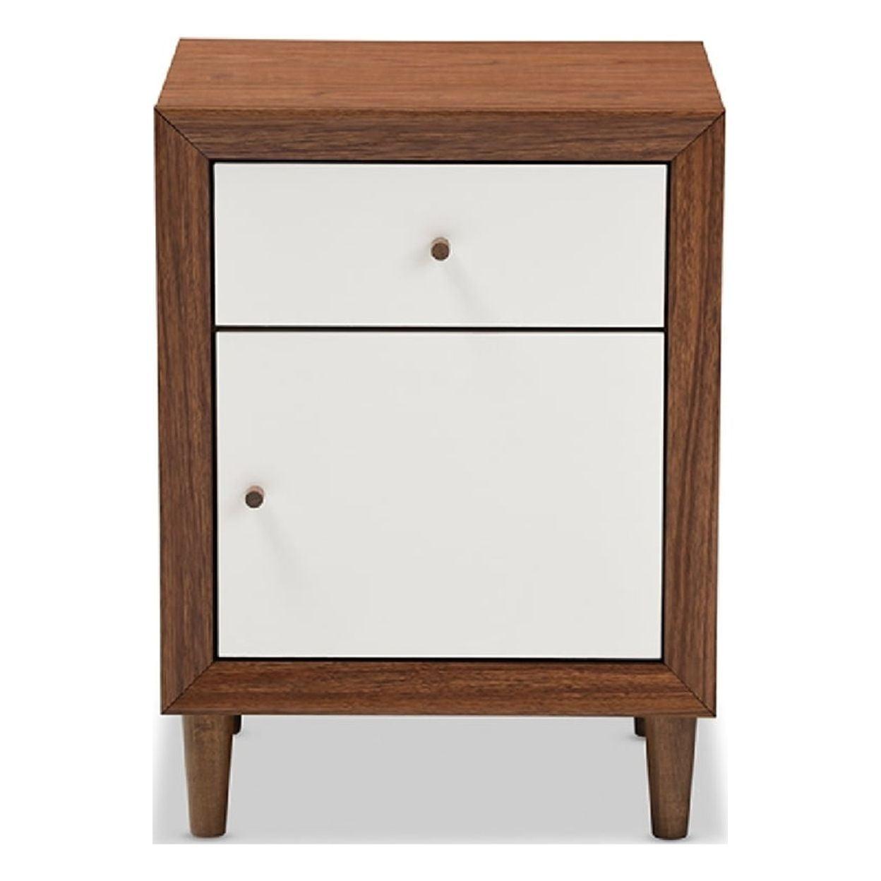 Scandinavian Mid-Century Modern White & Walnut 1-Drawer Nightstand