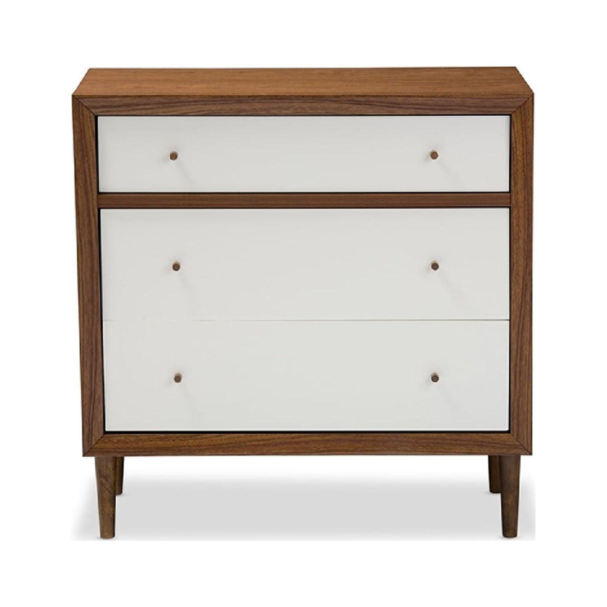 Baxton Studio Harlow Mid-Century Modern Scandinavian Style Wood 3 Drawer Chest White/Walnut : Rubberwood Frame, Spot Clean