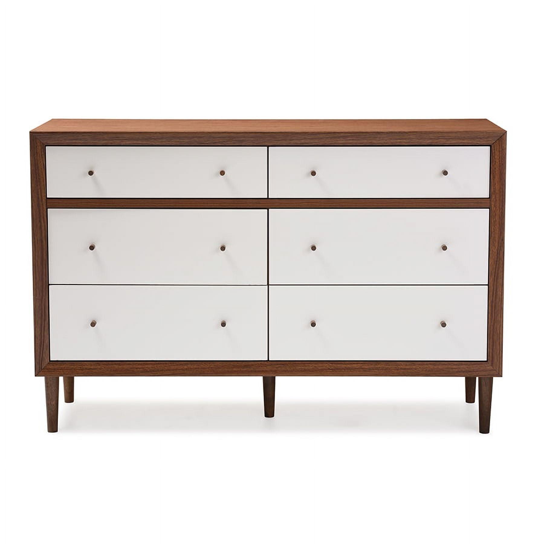 Harlow 54" White and Walnut Mid-Century Modern 6-Drawer Dresser