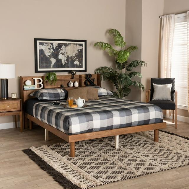 Baxton Studio Harper Mid-Century Modern Transitional Walnut Brown Finished Wood Queen Size Platform Bed with Charging Station