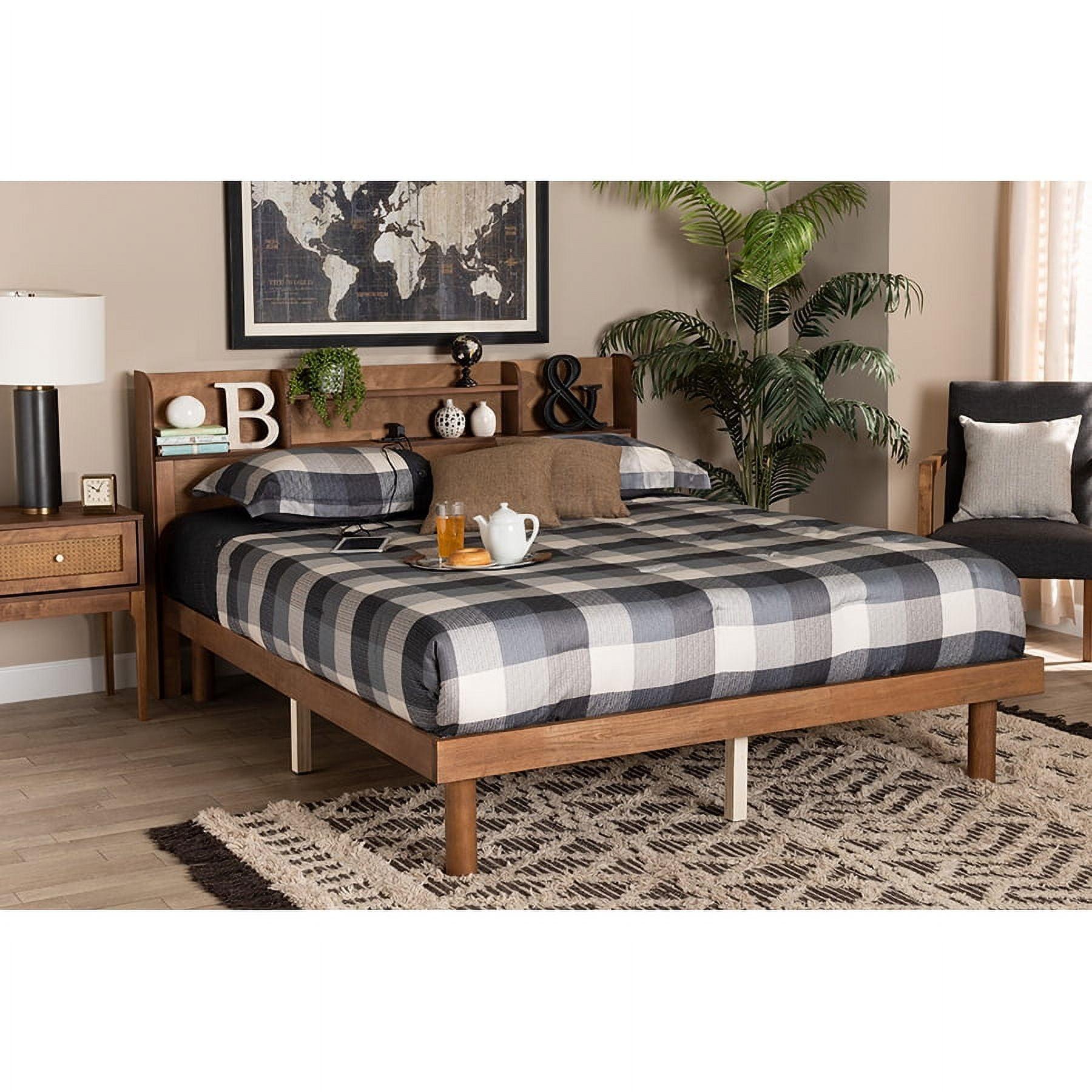 Baxton Studio Harper Mid-Century Modern Transitional Walnut Wood Platform Bed with Charging Station