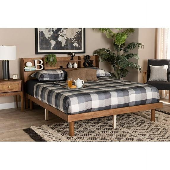 Baxton Studio Harper Mid-Century Modern Transitional Walnut Brown Finished Wood Full Size Platform Bed with Charging Station