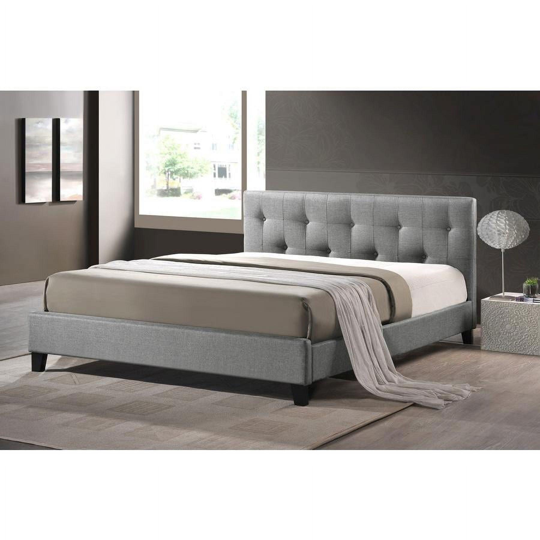 Queen Gray Linen Upholstered Platform Bed with Tufted Headboard