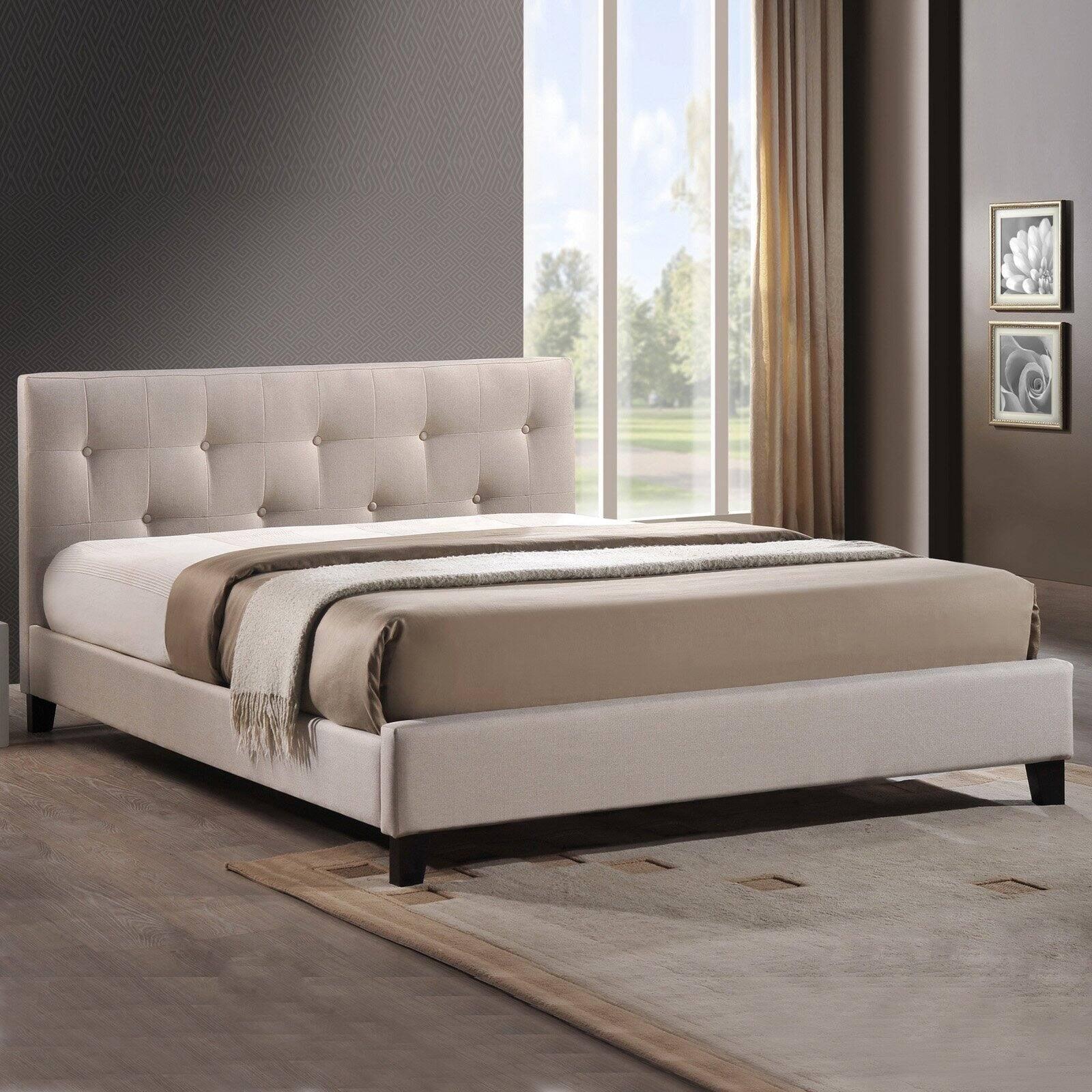 Elegant Annette Queen Platform Bed with Linen Upholstery in Light Beige