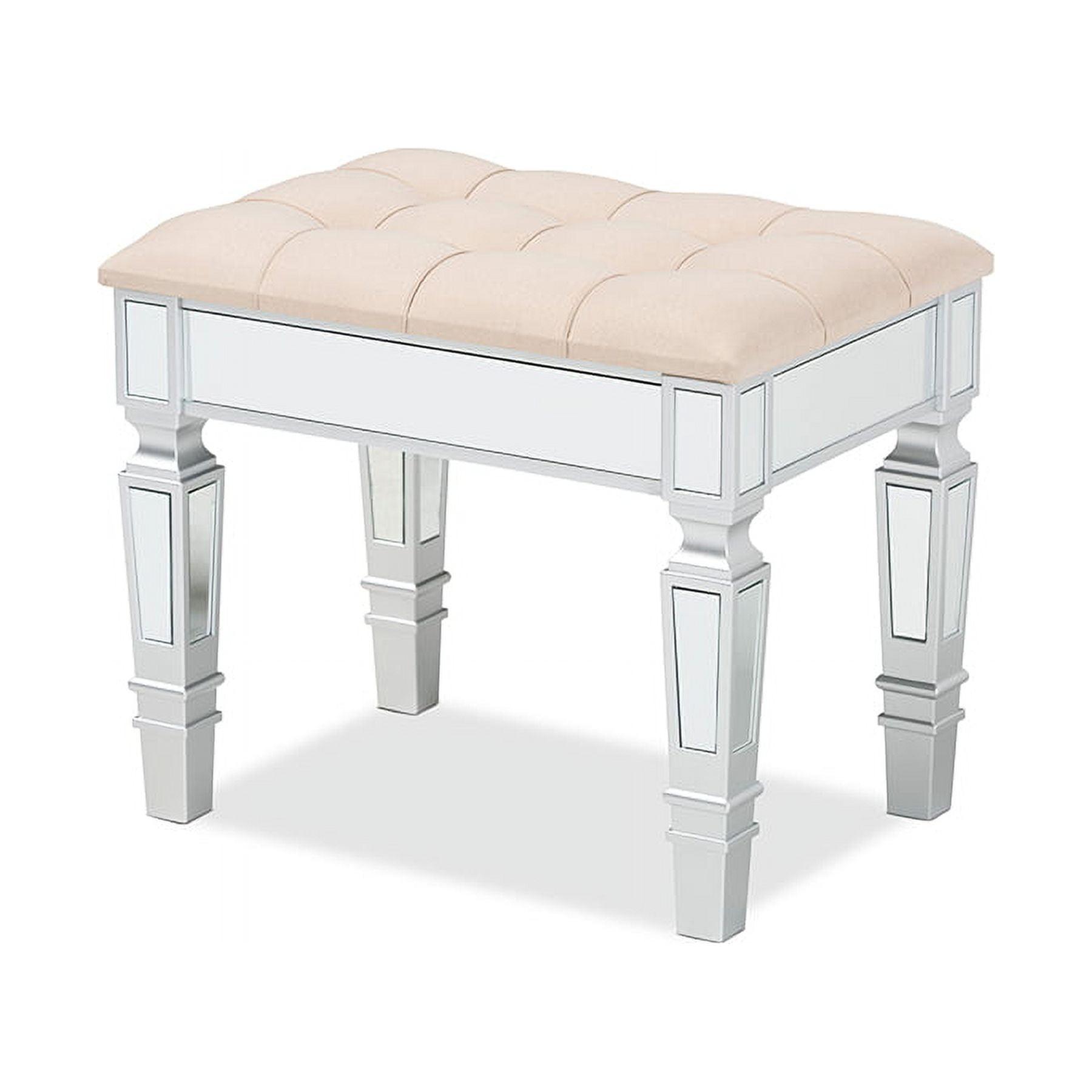 Elegant Beige Fabric Button-Tufted Ottoman with Silver Wood Frame