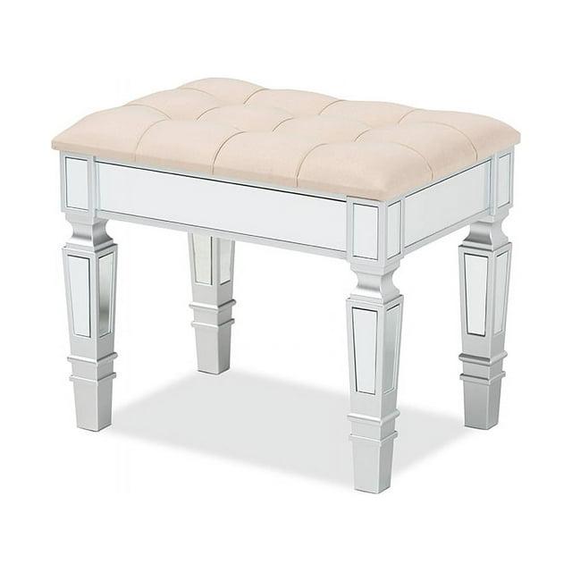 Baxton Studio Hedia Fabric Upholstered and Wood Ottoman Beige/Silver : Rectangular Footstool, Entryway Seating