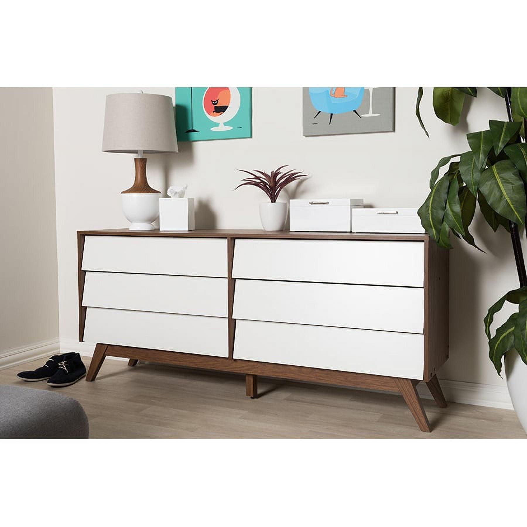 Mid-Century Modern White & Walnut 6-Drawer Storage Dresser