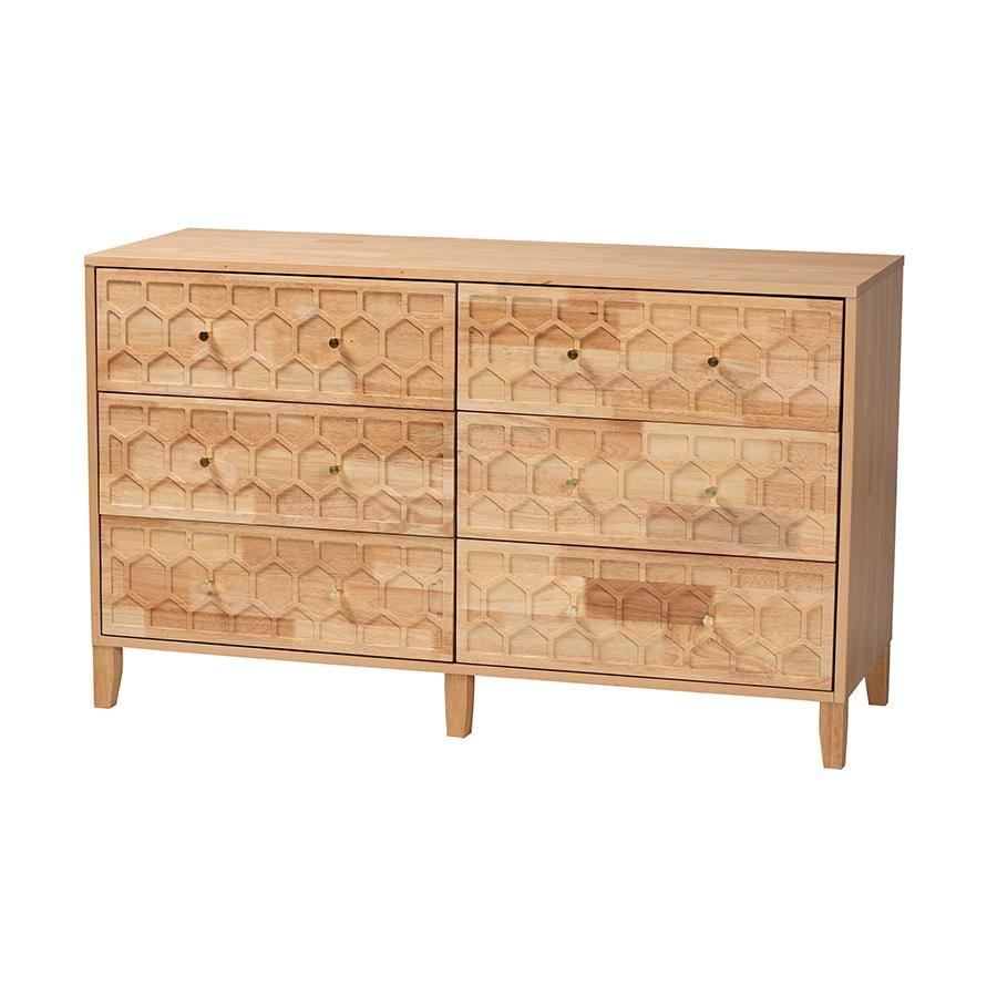 Natural Rubberwood 6-Drawer Honeycomb Dresser with Cone Legs