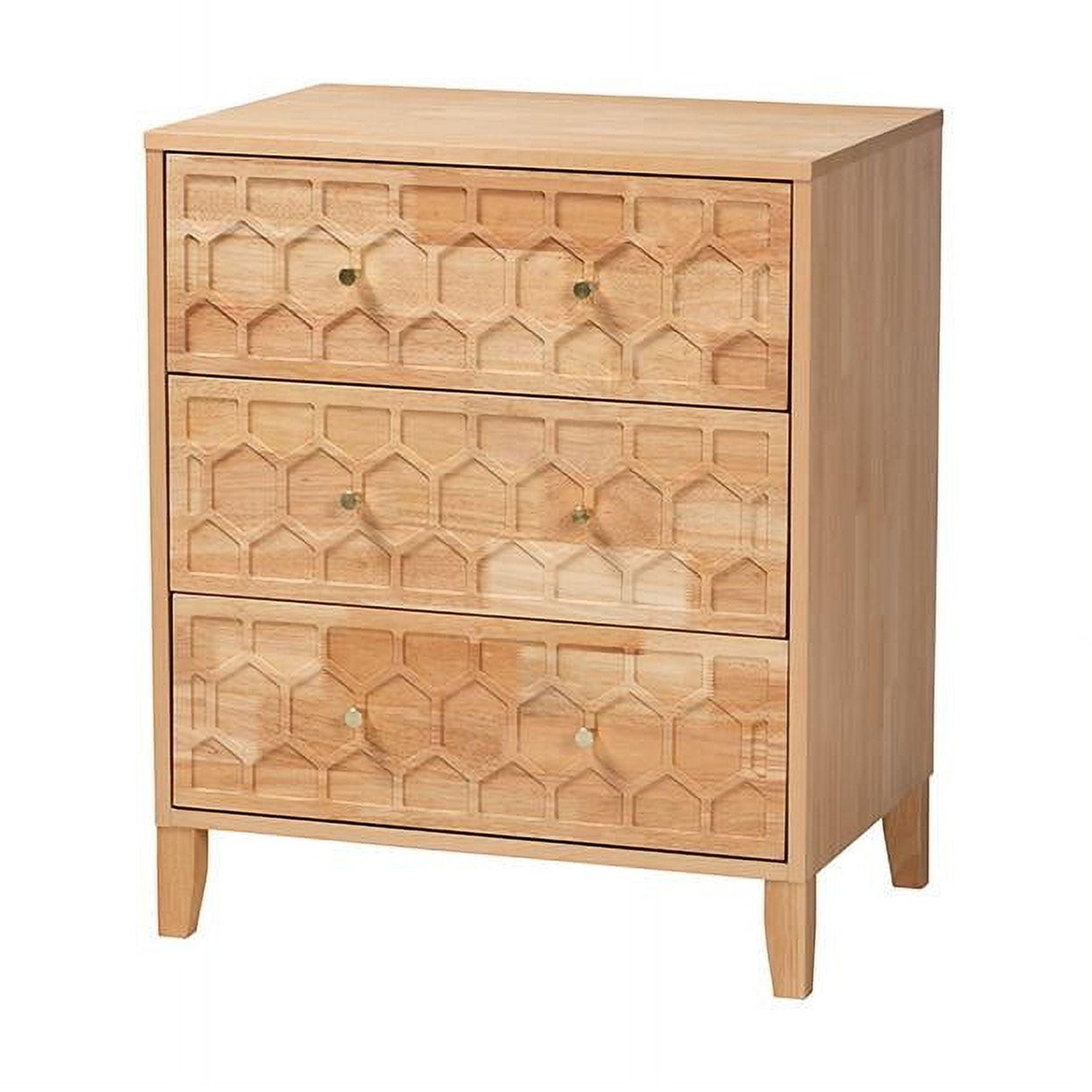 Natural Wood Honeycomb Carved 3-Drawer Chest