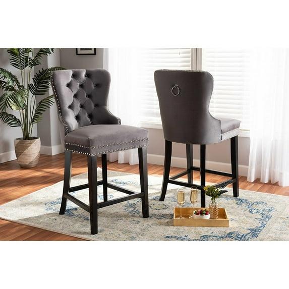 2pc Howell Modern Velvet Upholstered Wood Counter Height Barstool Set Gray/Brown - Baxton Studio: Polyester, Fixed Height