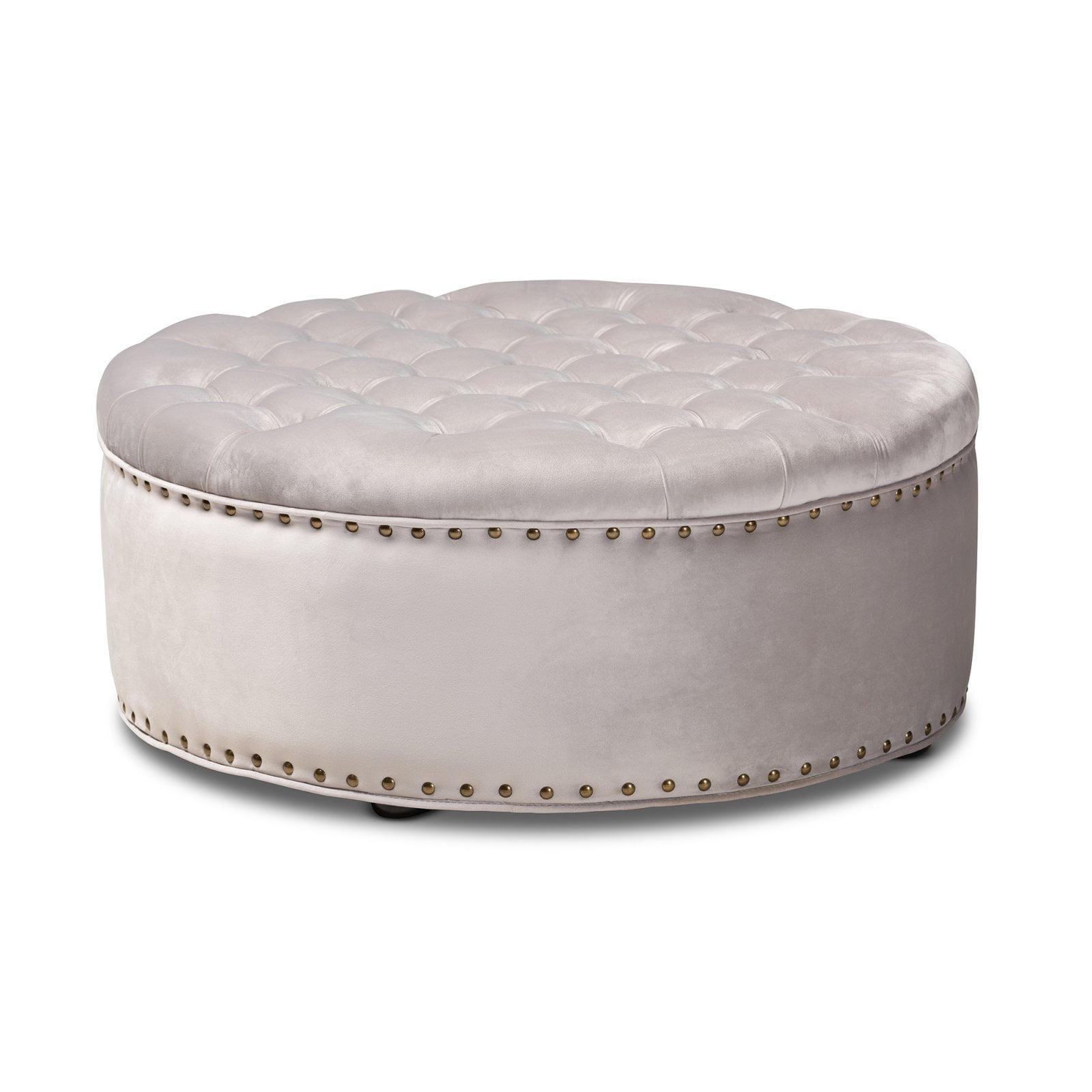 Baxton Studio Iglehart Velvet Tufted Cocktail Ottoman Gray: Eucalyptus Frame, Brass Tacks, Black Legs