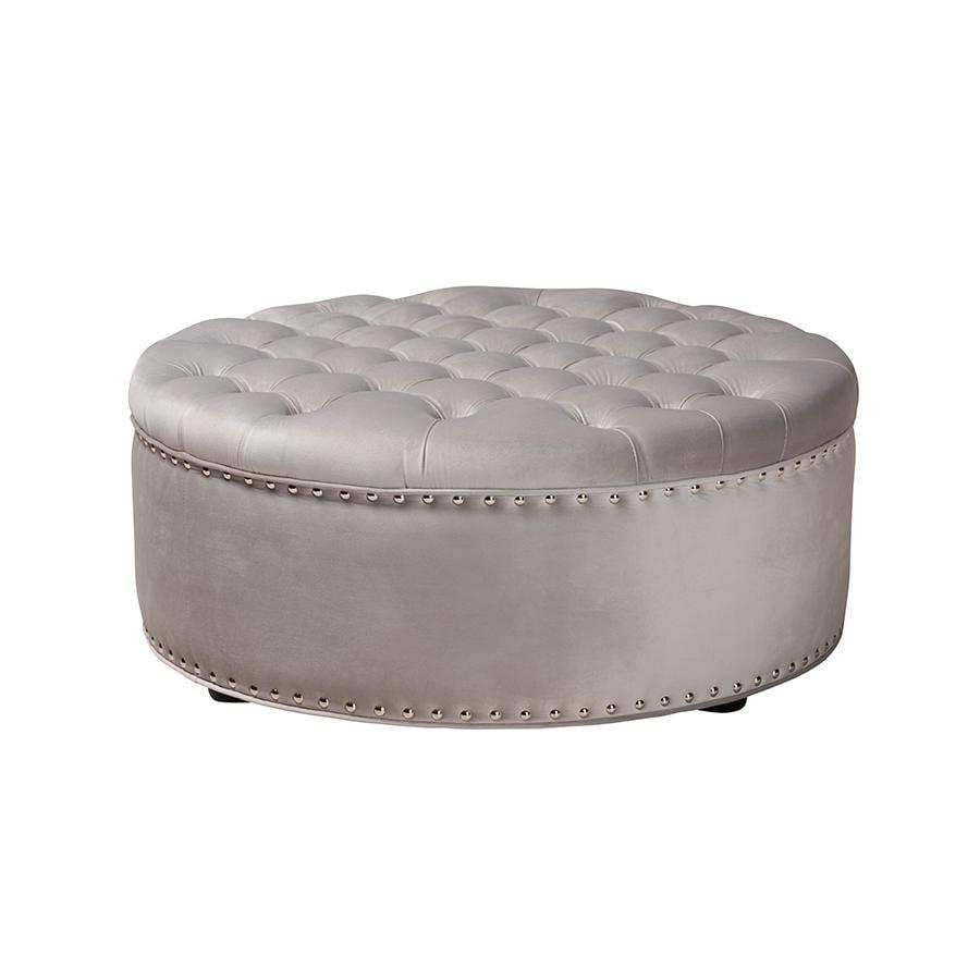 Baxton Studio Iglehart Velvet Tufted Cocktail Ottoman Gray: Eucalyptus Frame, Brass Tacks, Black Legs