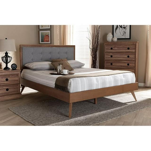 Queen Ines Walnut Finished Wood Platform Bed Gray - Baxton Studio: Mid-Century Design, Tapered Legs, No Box Spring Required