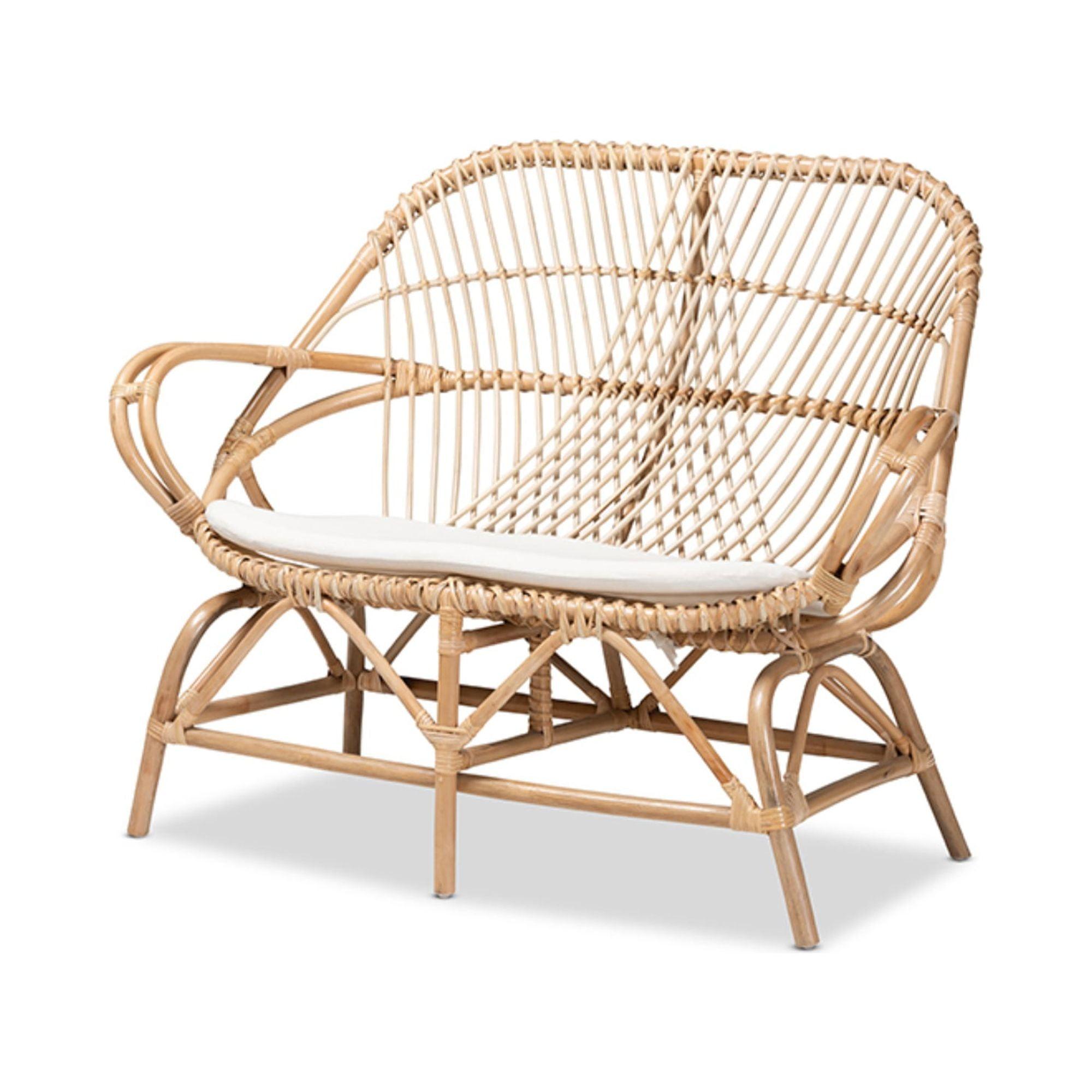 Jayden White Fabric and Natural Rattan Loveseat