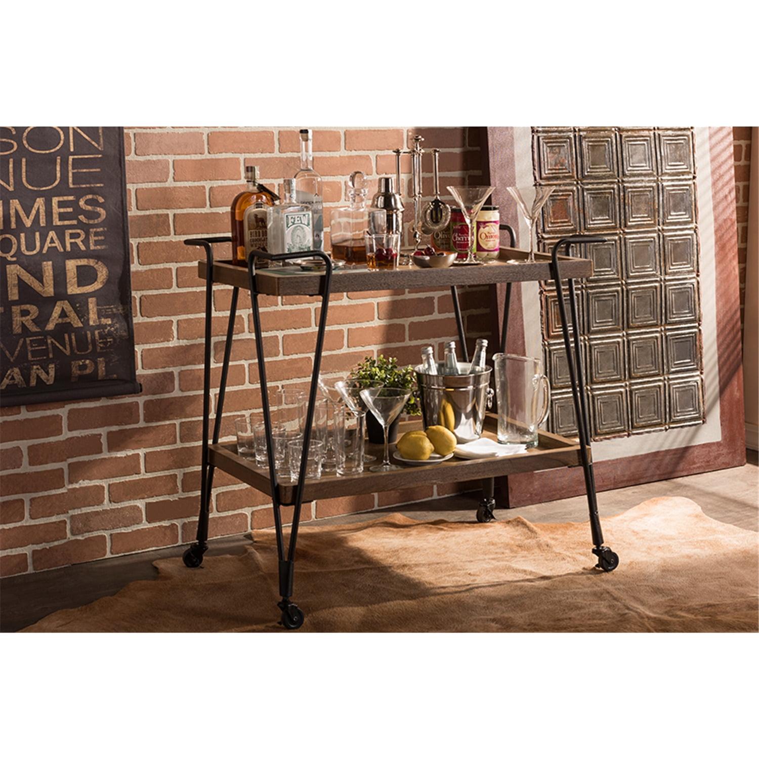 Jessica Rustic Industrial Style Textured Finish Metal Distressed Ash Wood Mobile Serving Bar Cart - Black & Brown - Baxton Studio