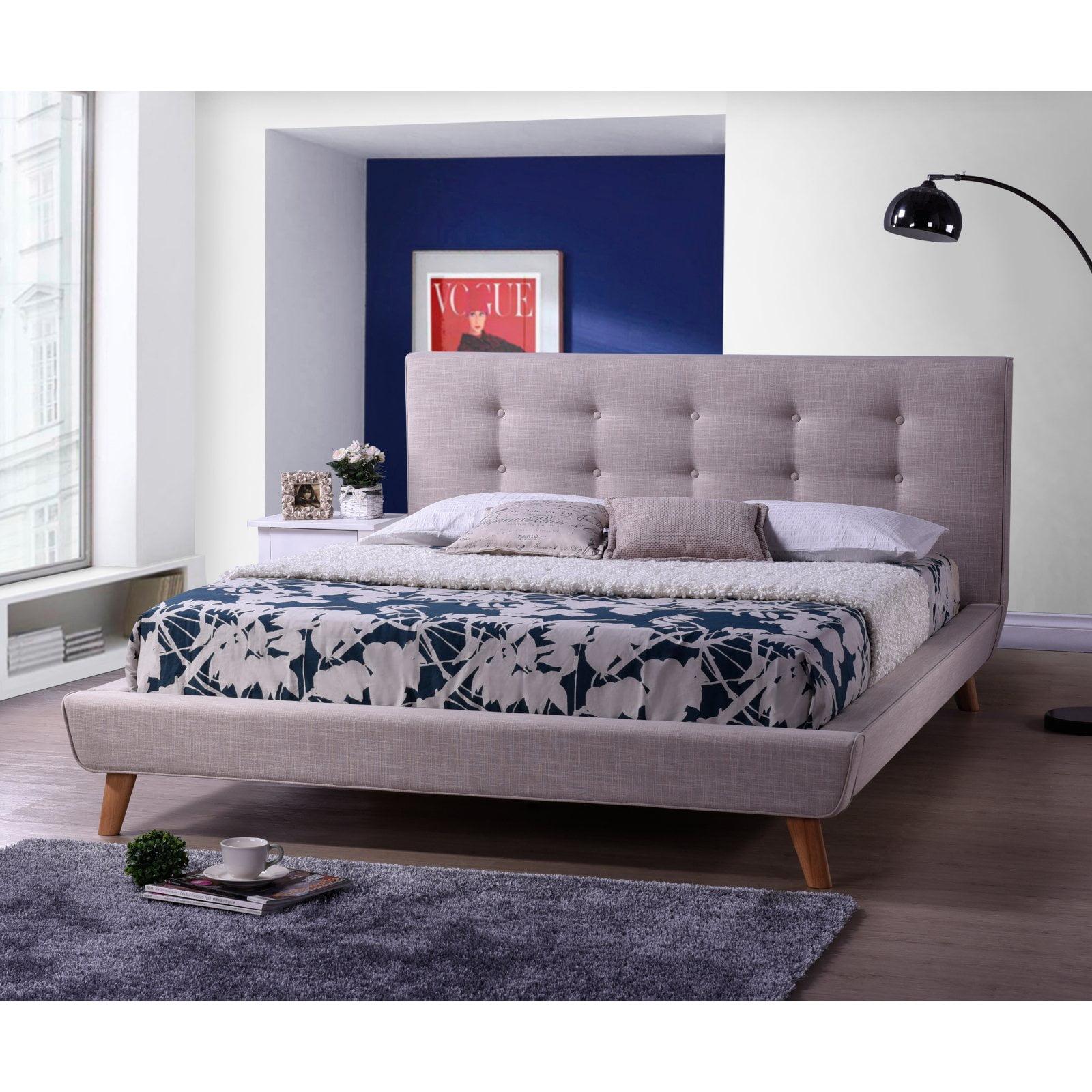 Scandinavian Mid-Century King Platform Bed in Beige Linen