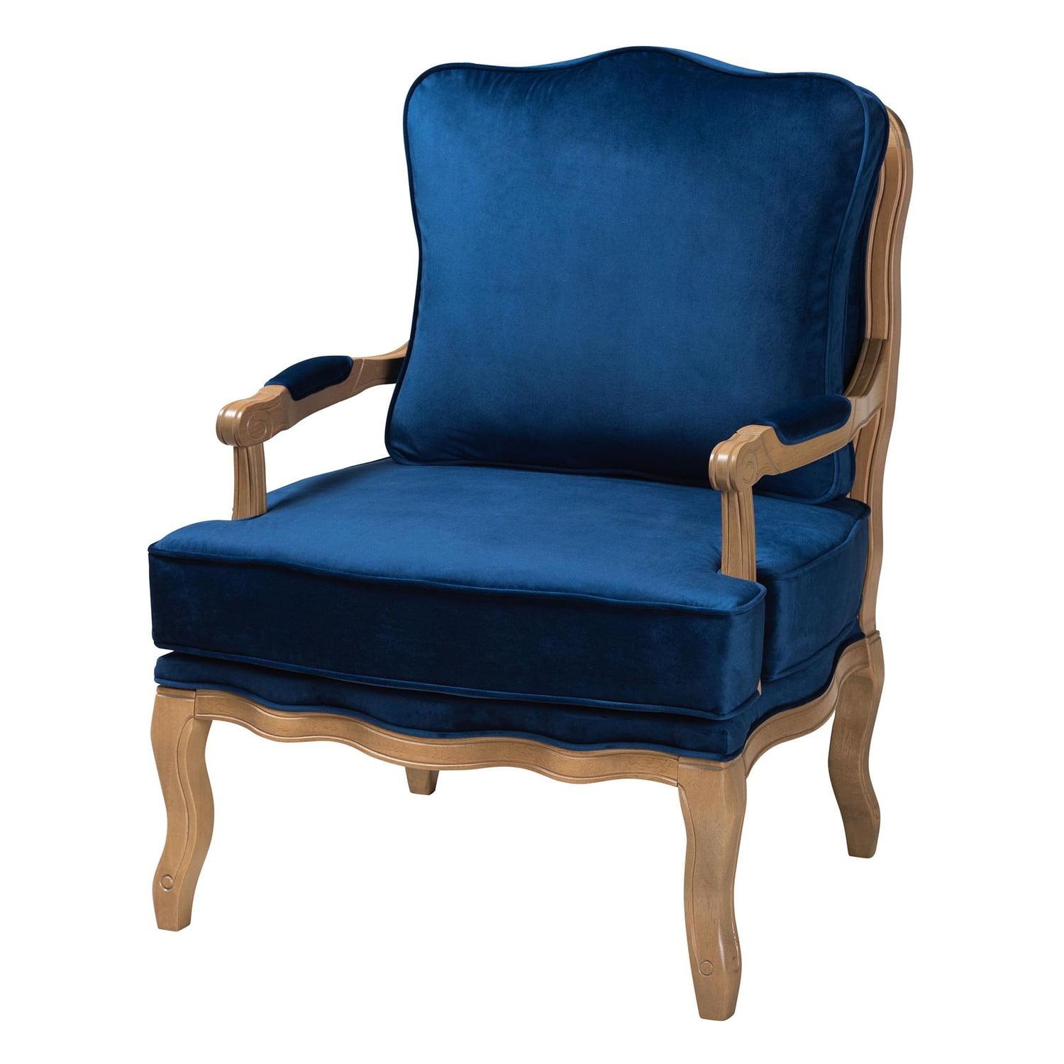 Navy Blue Velvet and Oak Wood Traditional Accent Chair