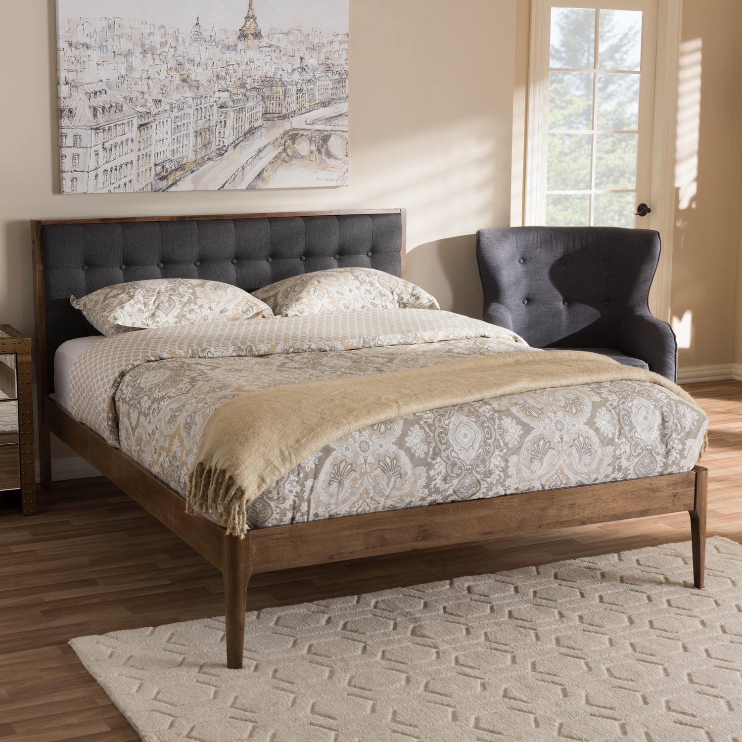 Mid-Century Walnut Queen Platform Bed with Gray Tufted Upholstery